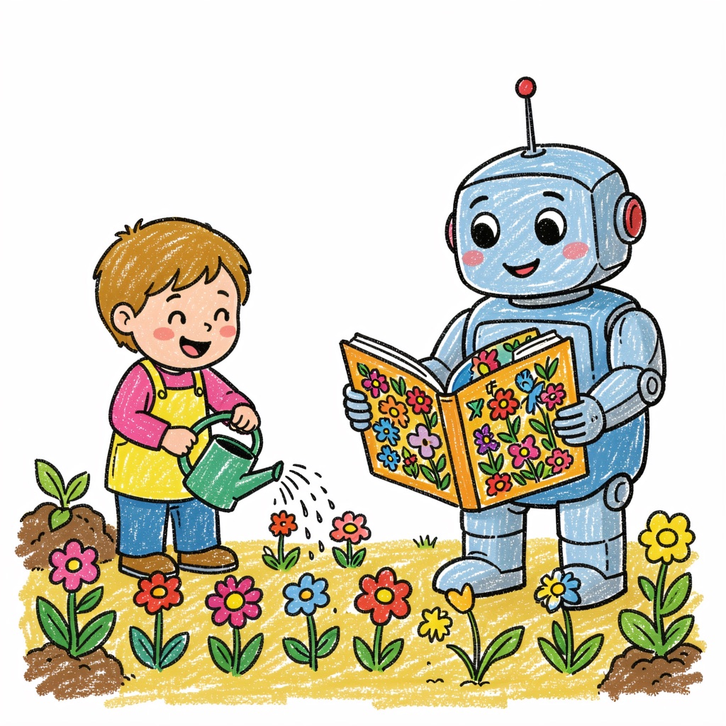 A child waters a garden of code-flowers while a friendly robot reads a book made from them — simple children's picture-book illustration, hand-drawn with crayon and colored marker, thick wobbly outlines, flat bright colors, naive and playful, plain white paper background, no text. - FLUX.2-klein-9B