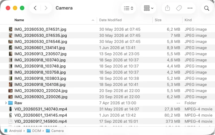 A folder on the phone open in Finder: JPEG and MPEG-4 files on a volume named Android