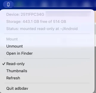 The adbdav menu bar item showing device, storage, status and mount controls