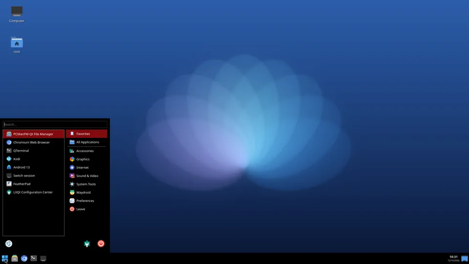 LXQt desktop with a Windows-style start menu listing Chromium, Kodi, Android 13