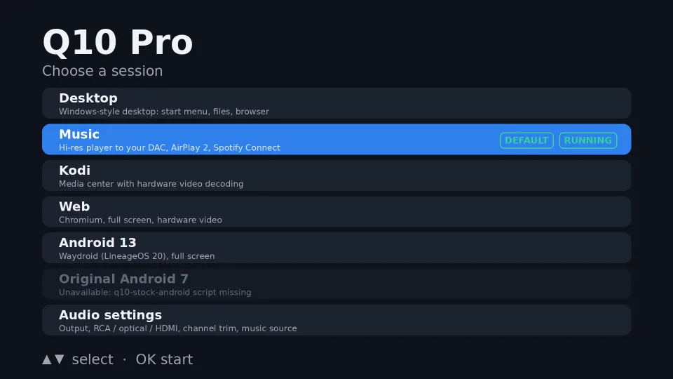 TV boot menu: Q10 Pro, choose a session — Desktop, Kodi, Android 13, Original Android 7