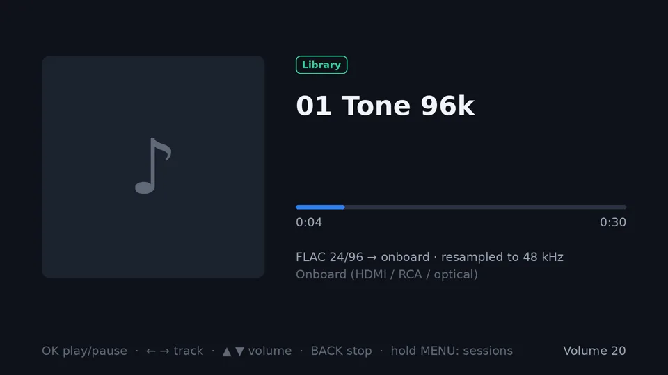 Now playing screen: 01 Tone 96k, FLAC 24/96 to onboard, resampled to 48 kHz